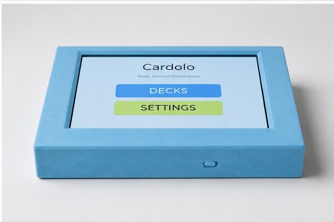Cardolo device from a low angle, showing the home screen and power button