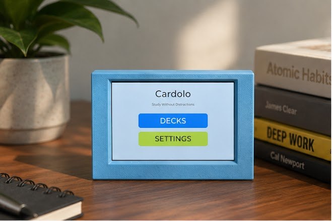 Cardolo device on a wood desk next to a plant and a stack of books including Deep Work and Atomic Habits