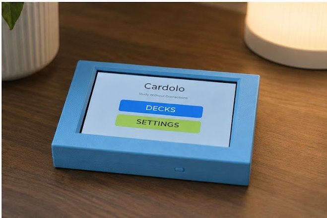Cardolo device on a desk in warm lamp light, angled view