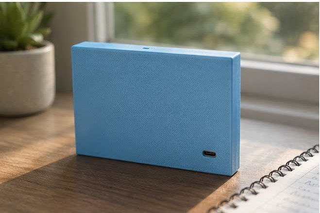 Cardolo device side profile near a window, showing the USB-C port